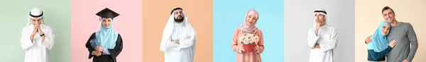 Collage Personas Musulmanas Sobre Fondo Color — Foto de Stock