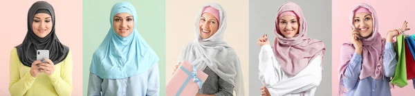 Set Wanita Muslim Yang Bahagia Latar Belakang Warna — Stok Foto