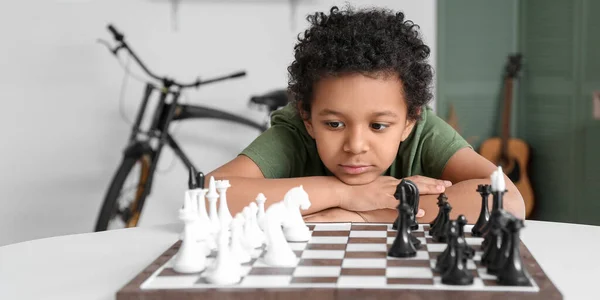 Smart African American Boy Playing Chess Home — Stock Photo, Image