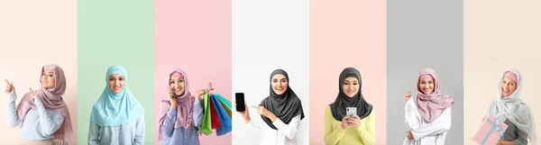 Renkli Arka Planda Bir Grup Mutlu Müslüman Kadın — Stok fotoğraf