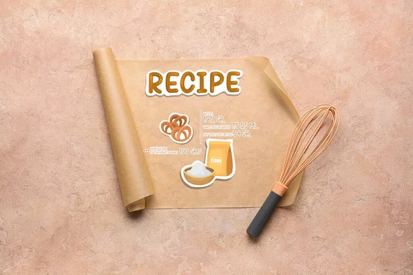 Roll Baking Paper Written Cookie Recipe Whisk Grunge Background — Stock Photo, Image