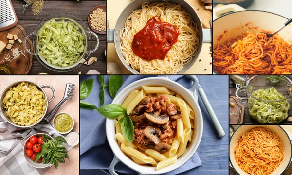 Collage Van Kookpotten Met Lekkere Gekookte Pasta Tafel — Stockfoto