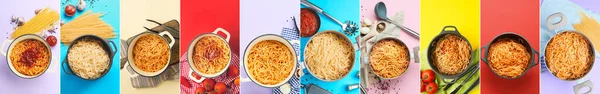 Collage Von Kochtöpfen Mit Schmackhaften Gekochten Nudeln Auf Farbigem Hintergrund — Stockfoto