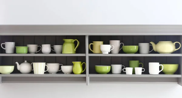 Shelves Clean Dishes Hanging White Wall Kitchen — Stock Photo, Image