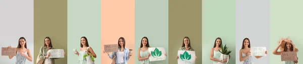 Collage Female Environmental Activist Banners Color Background — Stock Photo, Image