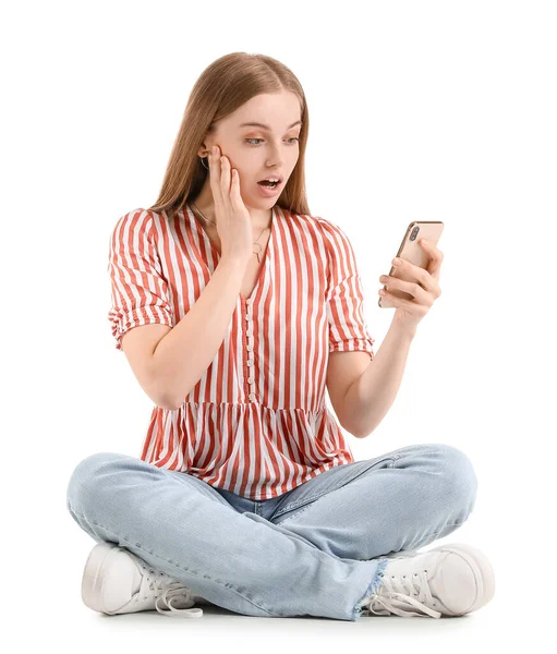Surprised Young Woman Using Mobile Phone White Background — Stock Photo, Image