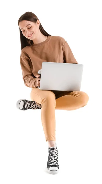 Mooie Jonge Vrouw Met Laptop Zittend Stoel Tegen Witte Achtergrond — Stockfoto