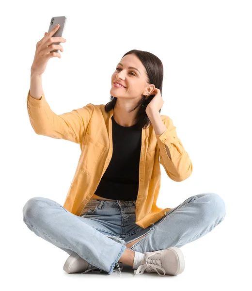 Pretty Young Woman Smartphone Taking Selfie White Background — Photo