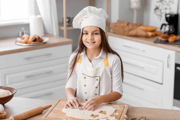 Little Baker Cutting Dough Cookies Kitchen — Stock Photo, Image