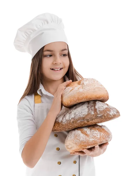 Kleiner Bäcker Mit Frischen Brotlaiben Auf Weißem Hintergrund — Stockfoto