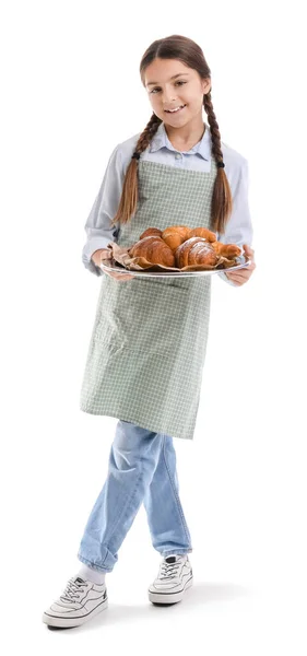 Kleine Bäckerin Mit Tablett Mit Leckeren Croissants Auf Weißem Hintergrund — Stockfoto