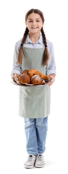 Petit Boulanger Avec Plateau Croissants Savoureux Sur Fond Blanc — Photo