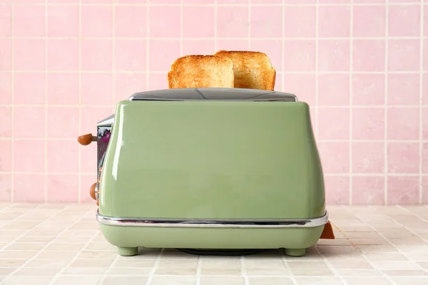 Modern Toaster Crispy Bread Slices Tile Table — Stock Photo, Image