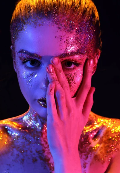 Young Woman Glitter Makeup Dark Background Closeup — стоковое фото