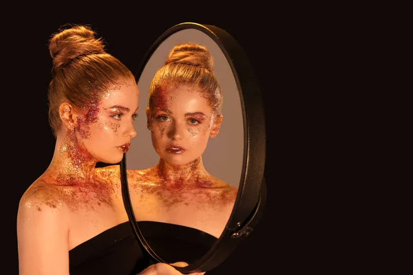 Beautiful Young Woman Glitter Makeup Mirror Dark Background — Fotografia de Stock