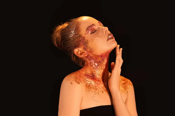 Beautiful Young Woman Glitter Makeup Dark Background — Stock Fotó