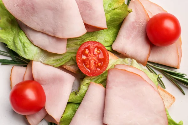 Plate Slices Tasty Ham Tomatoes Lettuce Rosemary Blue Grunge Background — 스톡 사진