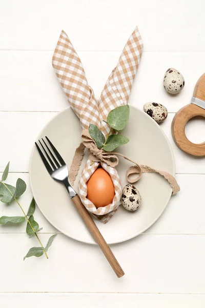 Table Setting Fork Egg Napkin White Wooden Background — Stock Photo, Image