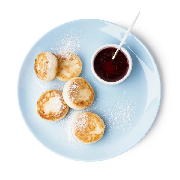 Plate Tasty Cottage Cheese Pancakes Strawberry Jam White Background — Stock Photo, Image