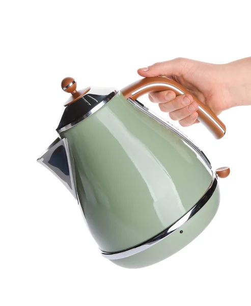 Woman Electric Kettle White Background — Stock Photo, Image