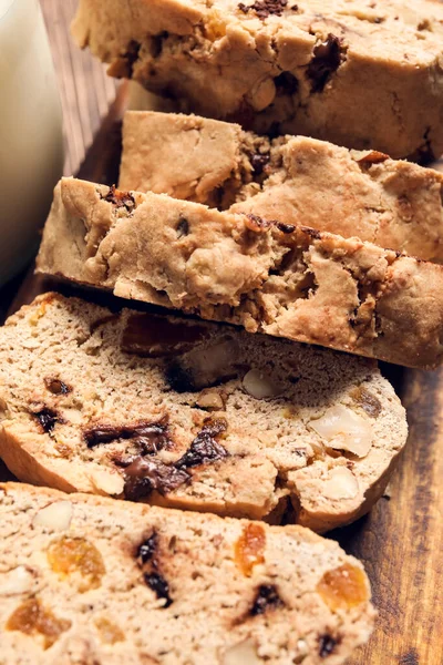 stock image Delicious biscotti cookies on wooden background, closeup