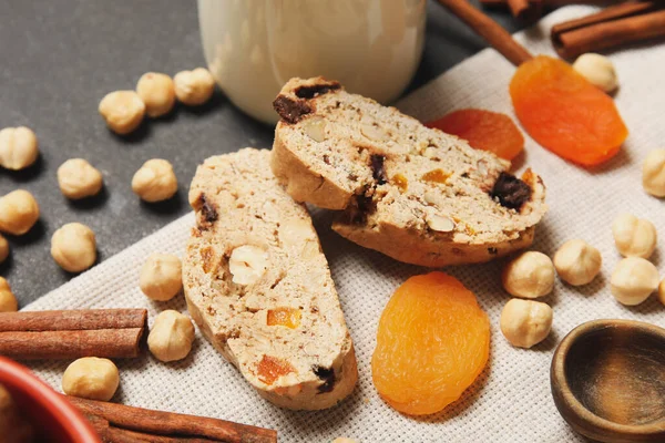 Delicious Biscotti Cookies Hazelnuts Dried Apricots Napkin Closeup — Stock Photo, Image
