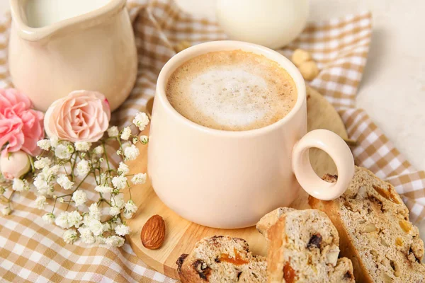Delicious Biscotti Cookies Cup Coffee Gypsophila Flowers Napkin — Stock Photo, Image