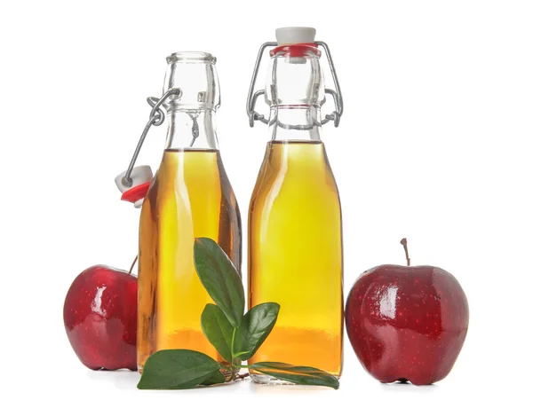 Glass Bottles Fresh Apple Cider Vinegar Fruits Isolated White Background — Stock Photo, Image