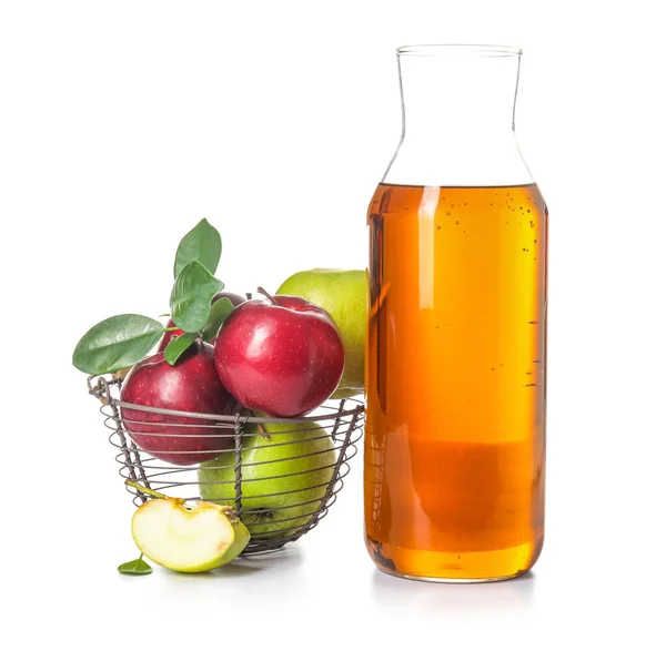 Glass Bottle Fresh Apple Cider Vinegar Fruits Isolated White Background — Stock Photo, Image