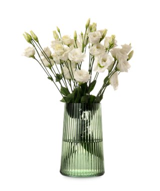 Beyaz arka planda narin Eustoma çiçekleri olan vazo