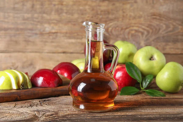 Glass Bottle Fresh Apple Cider Vinegar Board Fruits Wooden Table — Stock Photo, Image