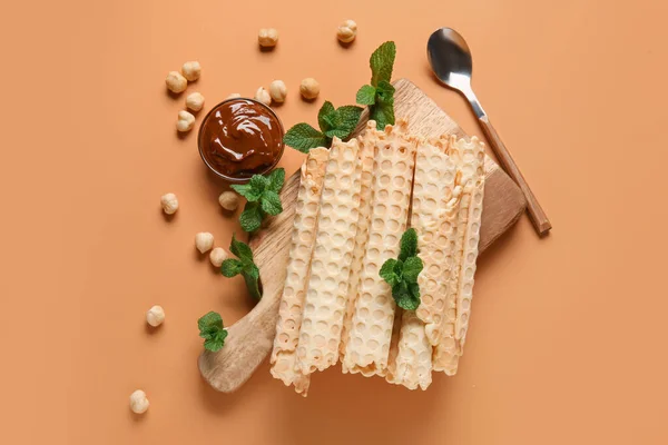 Board Delicious Wafer Rolls Boiled Condensed Milk Mint Hazelnuts Orange — Stock Photo, Image