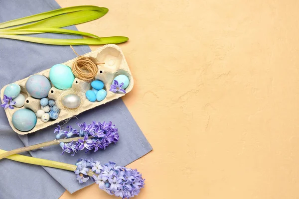 Composition Beautiful Hyacinth Flowers Easter Eggs Package Beige Background — 图库照片