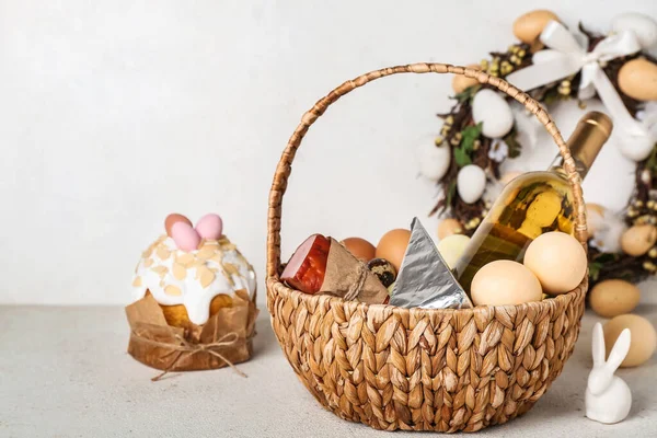 Basket Easter Eggs Bottle Wine Snacks Grey Background — Stock Photo, Image