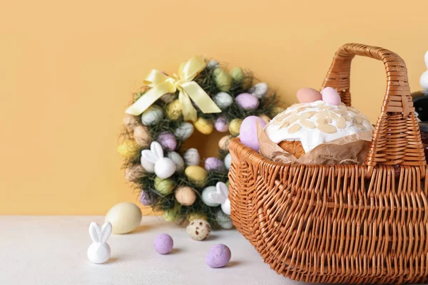 Basket Easter Eggs Cake Grey Table Beige Background — Stock Photo, Image