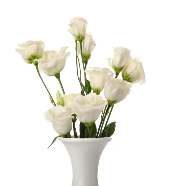 Vase Delicate Eustoma Flowers Isolated White Background Closeup — Stock Photo, Image