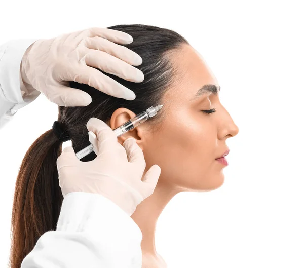 Cosmetologist Giving Injection Young Woman White Background — Stock Photo, Image
