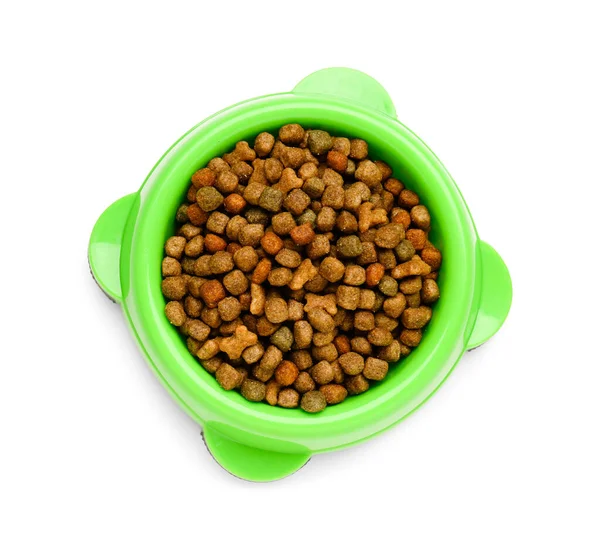 Green Bowl Dry Pet Food White Background — Stock Photo, Image