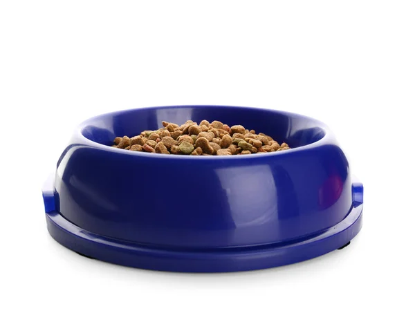 Stock image Blue bowl of dry pet food on white background, closeup