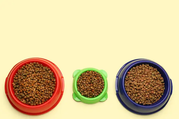 Different Bowls Dry Pet Food Color Background — Stock Photo, Image