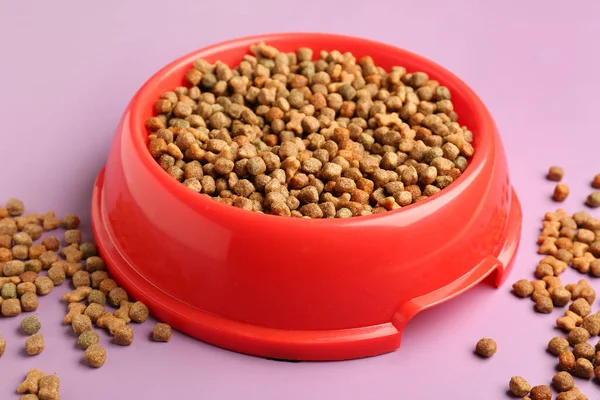 Bowl of dry pet food on lilac background, closeup