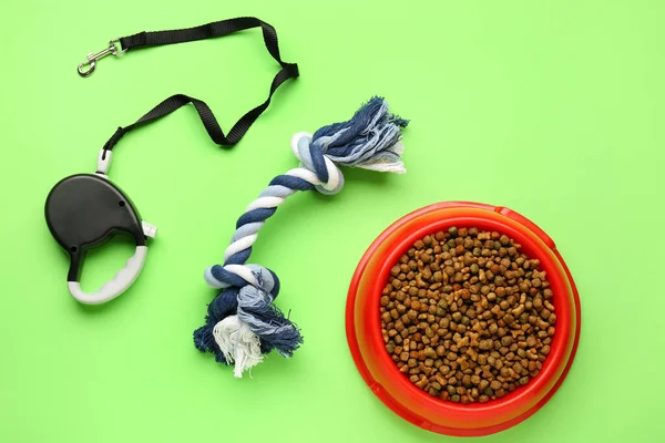 Bowl Dry Pet Food Toy Leash Green Background — Stock Photo, Image