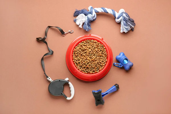 Bowl of dry pet food, leash, toy, grooming brush and waste bags on color background