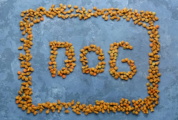 Composition with word DOG made of dry pet food on color background