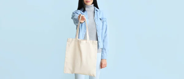 Young Woman Eco Bag Light Blue Background — Stock Photo, Image