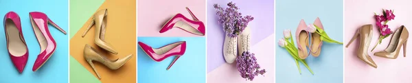 Conjunto Sapatos Elegantes Salto Alto Planas Com Flores Fundo Cor — Fotografia de Stock