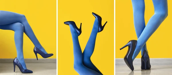 Kolaż Nóg Młodej Kobiety Niebieskich Rajstopach Czarne Szpilki Żółtym Tle — Zdjęcie stockowe
