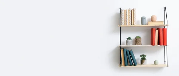 Modern Polcok Könyvekkel Szobanövényekkel Világos Falon Tervezési Lobogó — Stock Fotó