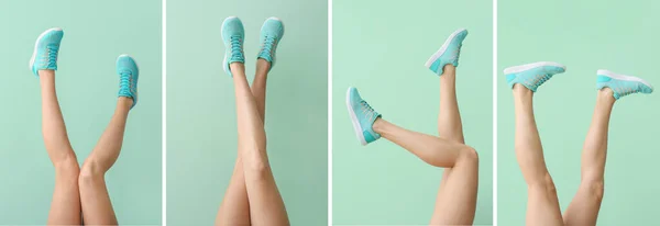 Коллаж Ног Молодой Женщины Стильной Спортивной Обуви Фоне Мяты — стоковое фото