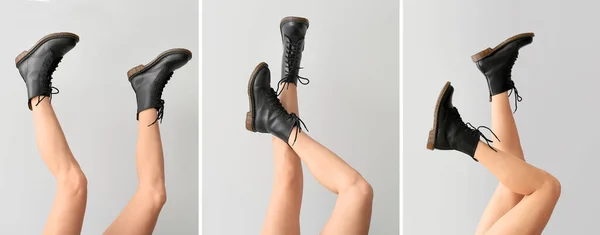 若い女性の足のコラージュでスタイリッシュな革のブーツ上の光の背景 — ストック写真